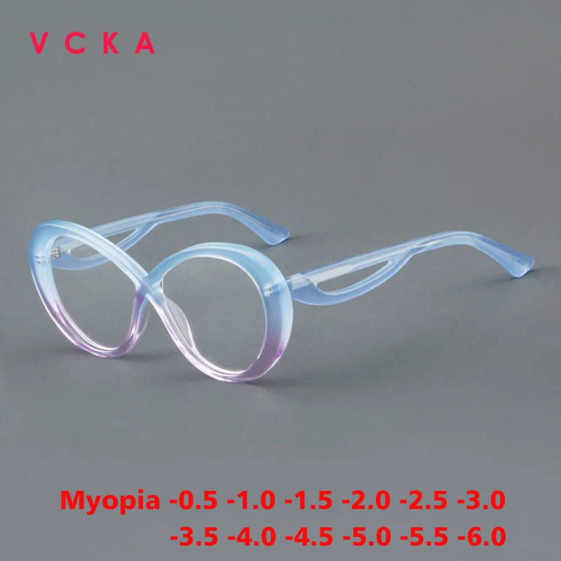 VCKA Fashion Print Acetate Myopia Glasses Personalized Butterfly Shape Frames Women Anti-Blue Eyewear -0.5 TO -10