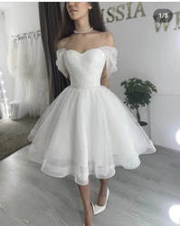 Vestido de novia corto y brillante para mujer, traje de boda con cordones en la espalda, hombros descubiertos, longitud hasta la rodilla, personalizado a las medidas