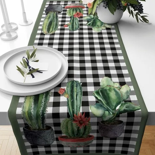 Digital Cactus Themed Striped Pattern Raschel Knitted American Service Table Cloth