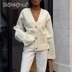 TWOTWINSTYLE Solid Spliced Button Loose Jackets for Women V Neck Long Sleeve Temperament Coats Female Fashion