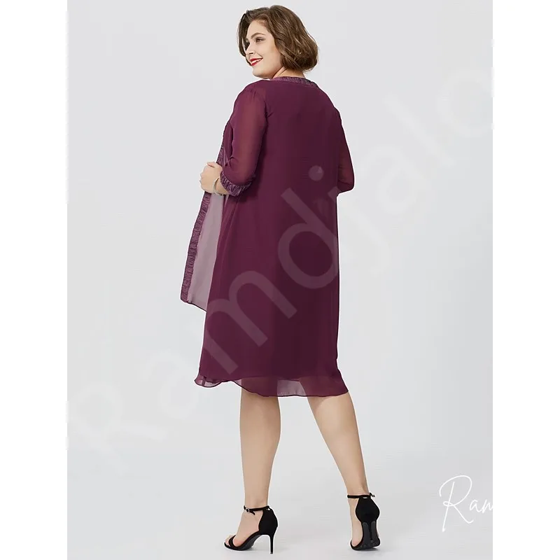 Aangepaste grote maat moeder van de bruid jurk plum chiffon knie lengte met 3/4 mouwen en bijpassende jas bruiloftsgastjurken