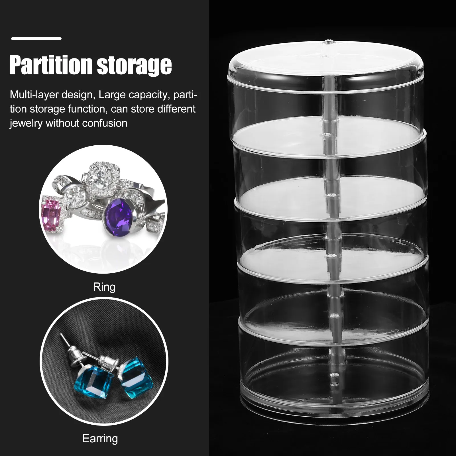 

Многоуровневая вращающаяся шкатулка для украшений с прозрачной крышкой, компактный размер, удобный для размещения на столе, изысканный дизайн для серег и колец