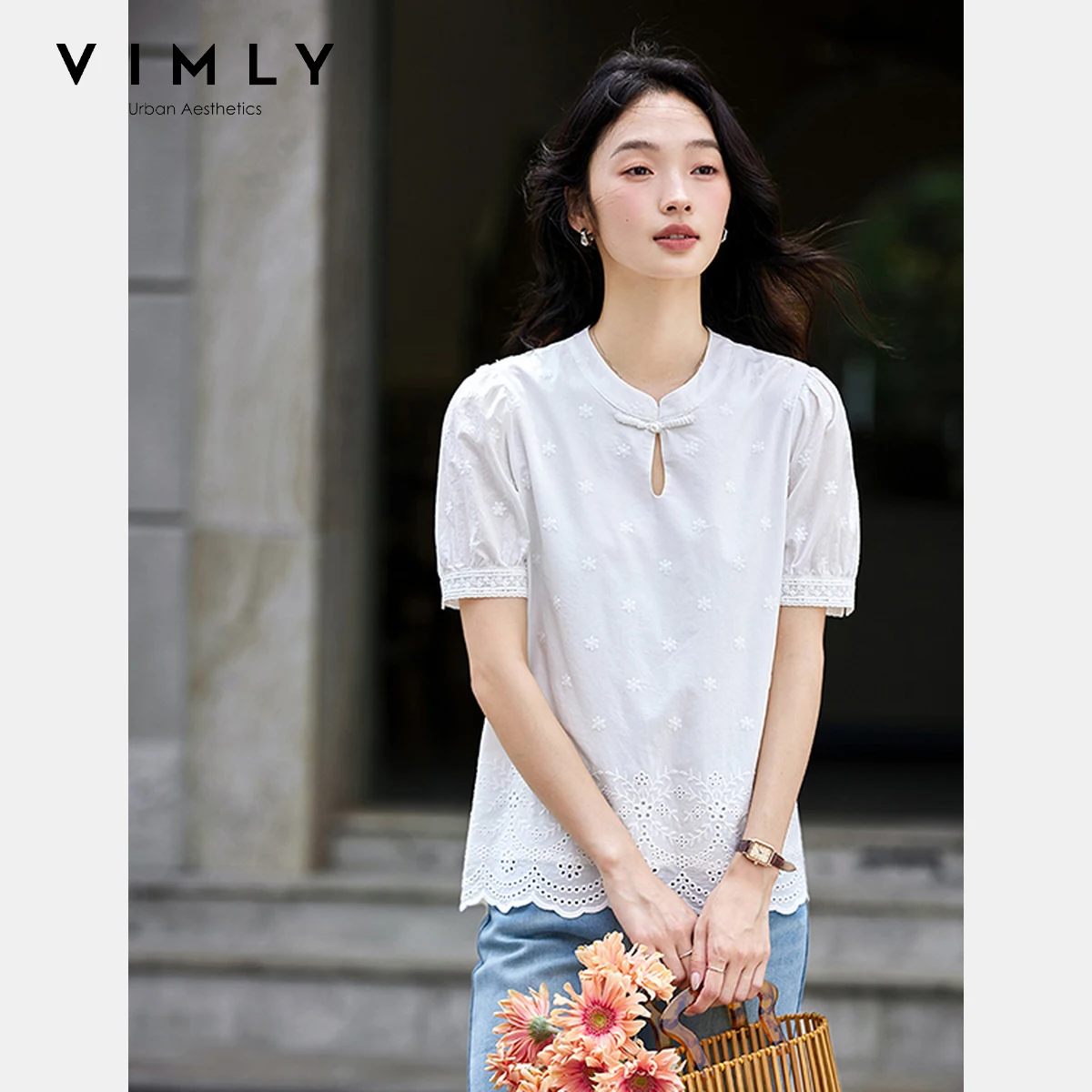 

VIMLY Hollow Lace Women's Shirts 2025 Summer 100% Cotton Chinese Style Disc-buckled Short Sleeve Blouses Ladies Clothing A1638