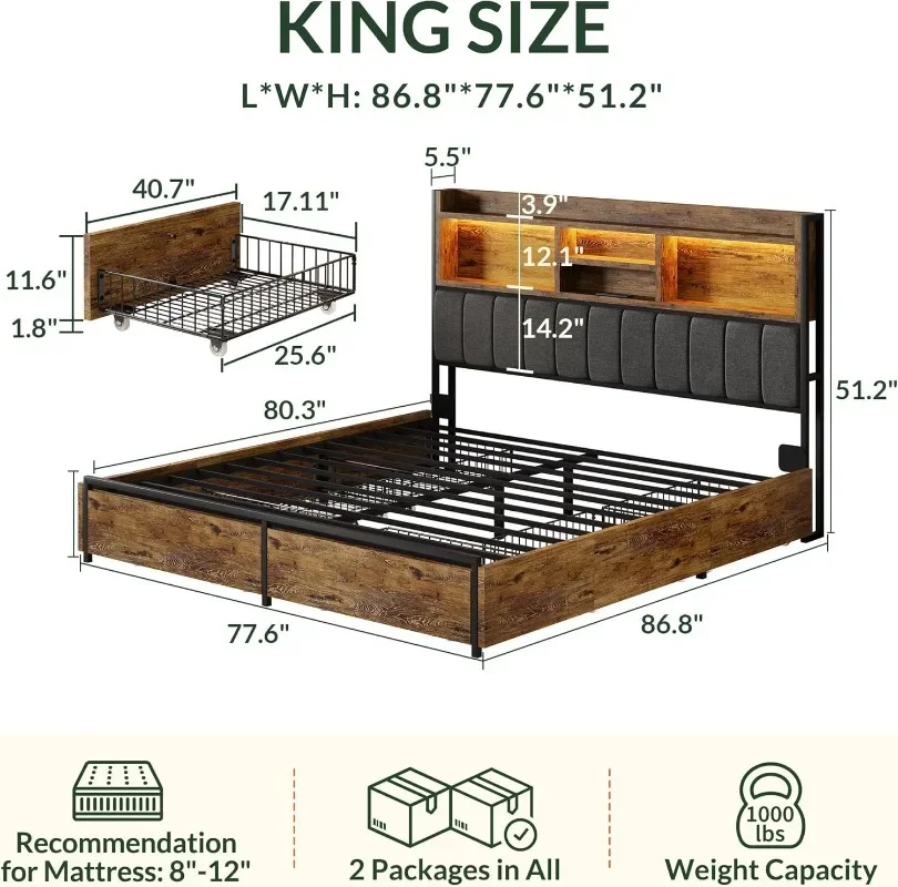 LARMACE King Bed Frame with 6 Storage Drawers, Bed Frame King Size with Linen Upholstered Headboard, Built in Charging Station