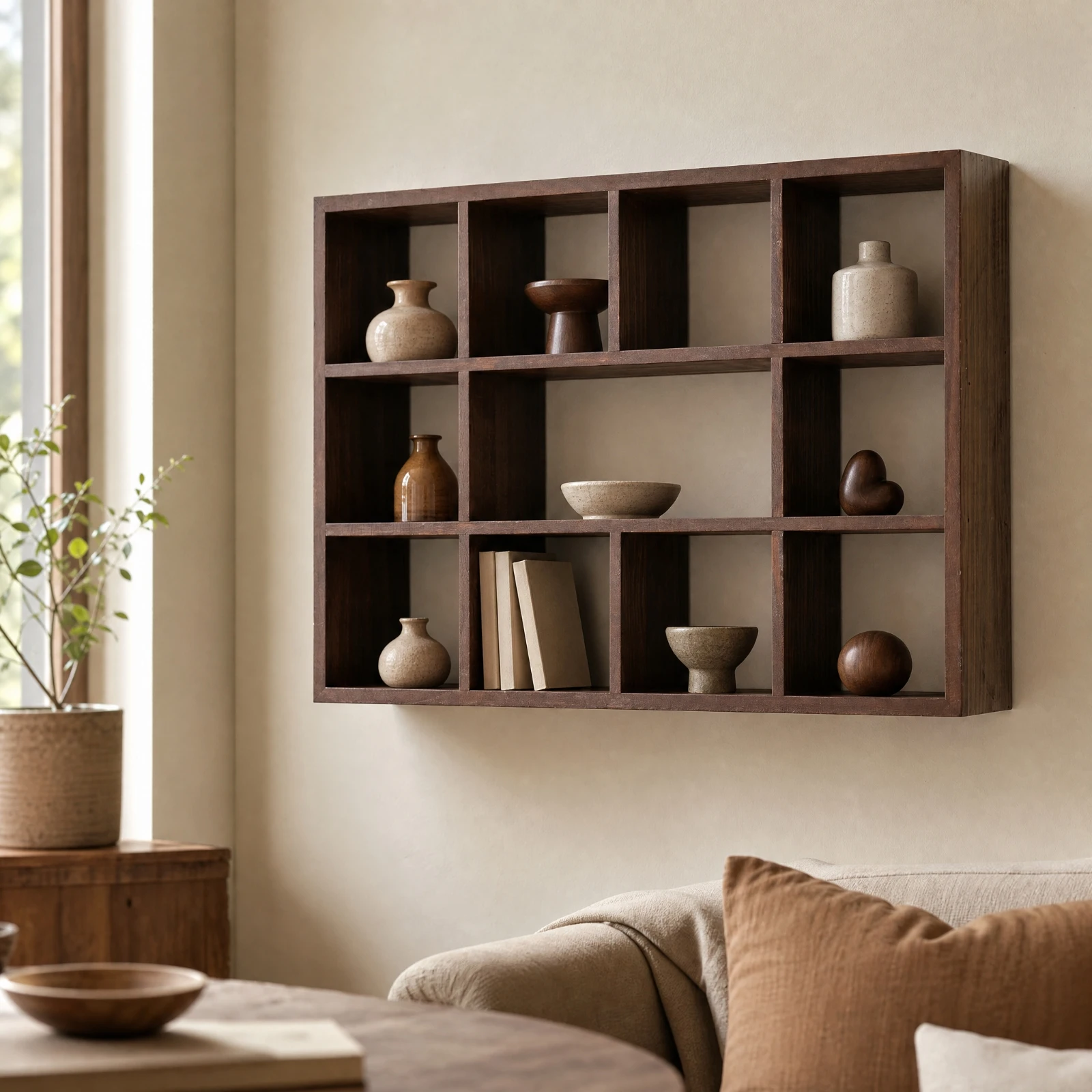 Wall Shelf with Open Compartments Space-Saving Wall-Mounted Display Shelf Robust Natural for Living Room, Bedroom
