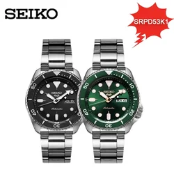 SEIKO-Men's Waterproof Steel Band Watch, Round Rotatable Quartz Relógios de pulso, Série Original, Seiko 5, SRPD53K1, Novo