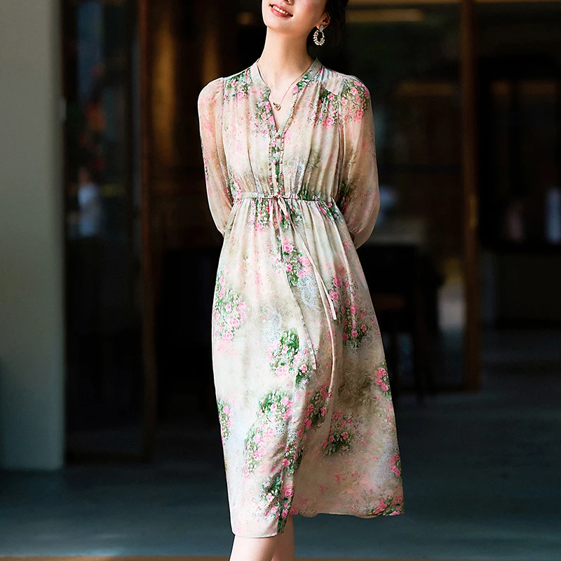 New100% Real Silk Summer Dresses for Women Elegant Fashion V-neck Chic Floral Print Dress Holiday Women's Long Dress A-line
