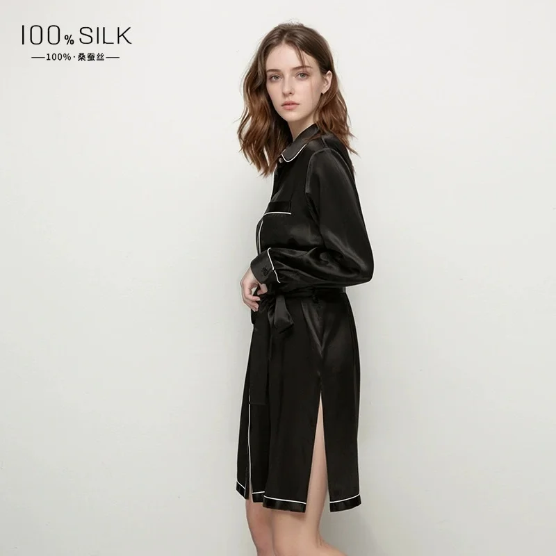 2025 Summer New Style Silk Nightdress for Women - 100% Mulberry Silk, Long-sleeved Collared Loungewear Cardigan Shirt Dress