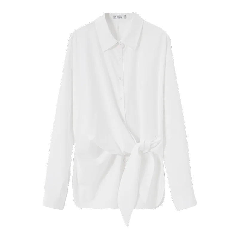 SENTUBILA Women's Shirt Waist Cinching Spring New Lace-up Long Sleeve Turn Down Collar Design Sense Top Slimming Shirt 151C57886