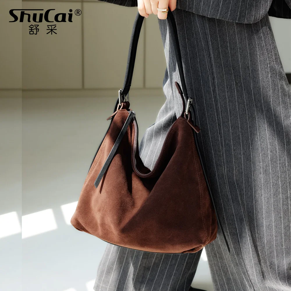 

Genuine Grade Leather Women's Brown Shoudler Crossbody Bag Luxury Designer Brand Tote Ladies Suede Cowhide Handbag High Quality