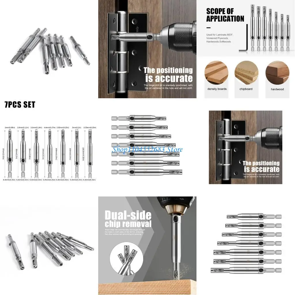 

Y6GD 7Pcs Centering Hinge Drill Bit Window Door Screw Hole Woodworking Reaming