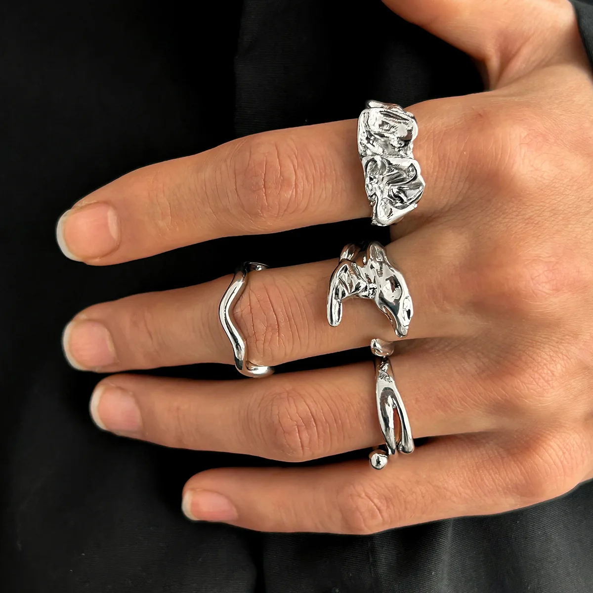 Wrinkled metal men's ring, high-end, hip-hop, niche, personalized ring set, cross-border foreign trade jewelry for men