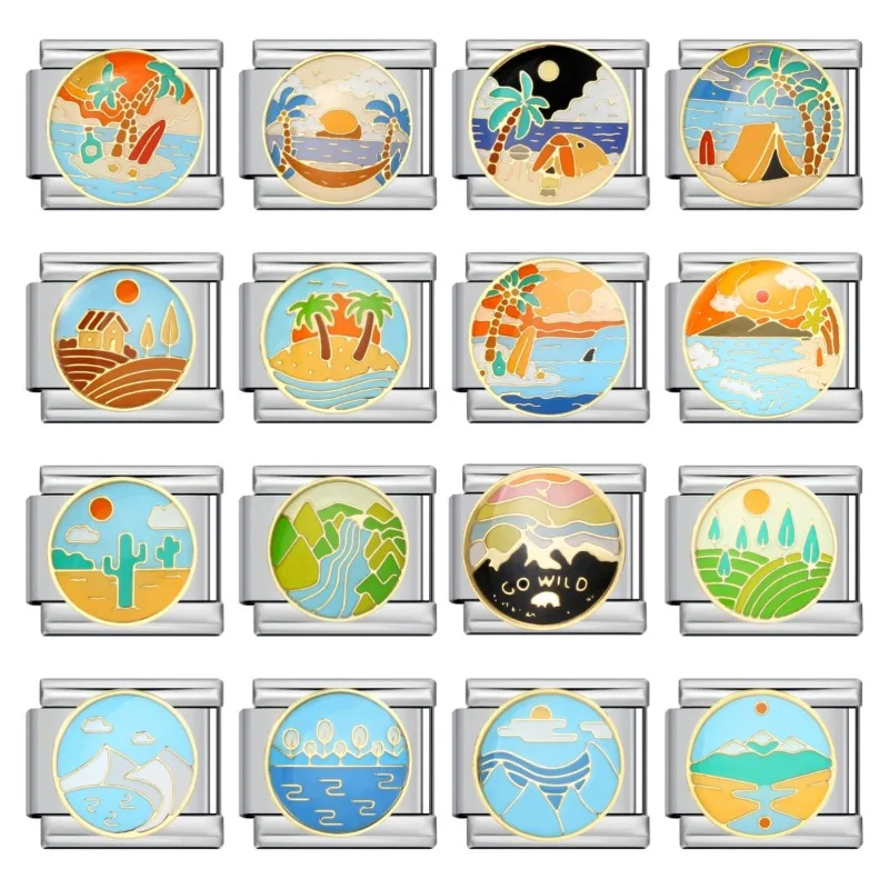 

New River Mountain and Seaside Scenery Italian Modular Bracelet Gold-plated Oil-dripping DIY Welded Stainless Steel Bracelet