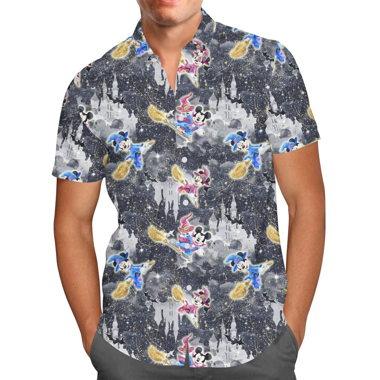 Walt Disney World เสื้อฮาวายแฟชั่นผู้ชาย, เสื้อเชิ้ตแขนสั้นติดกระดุมเสื้อฮาวายมิกกี้มินนี่