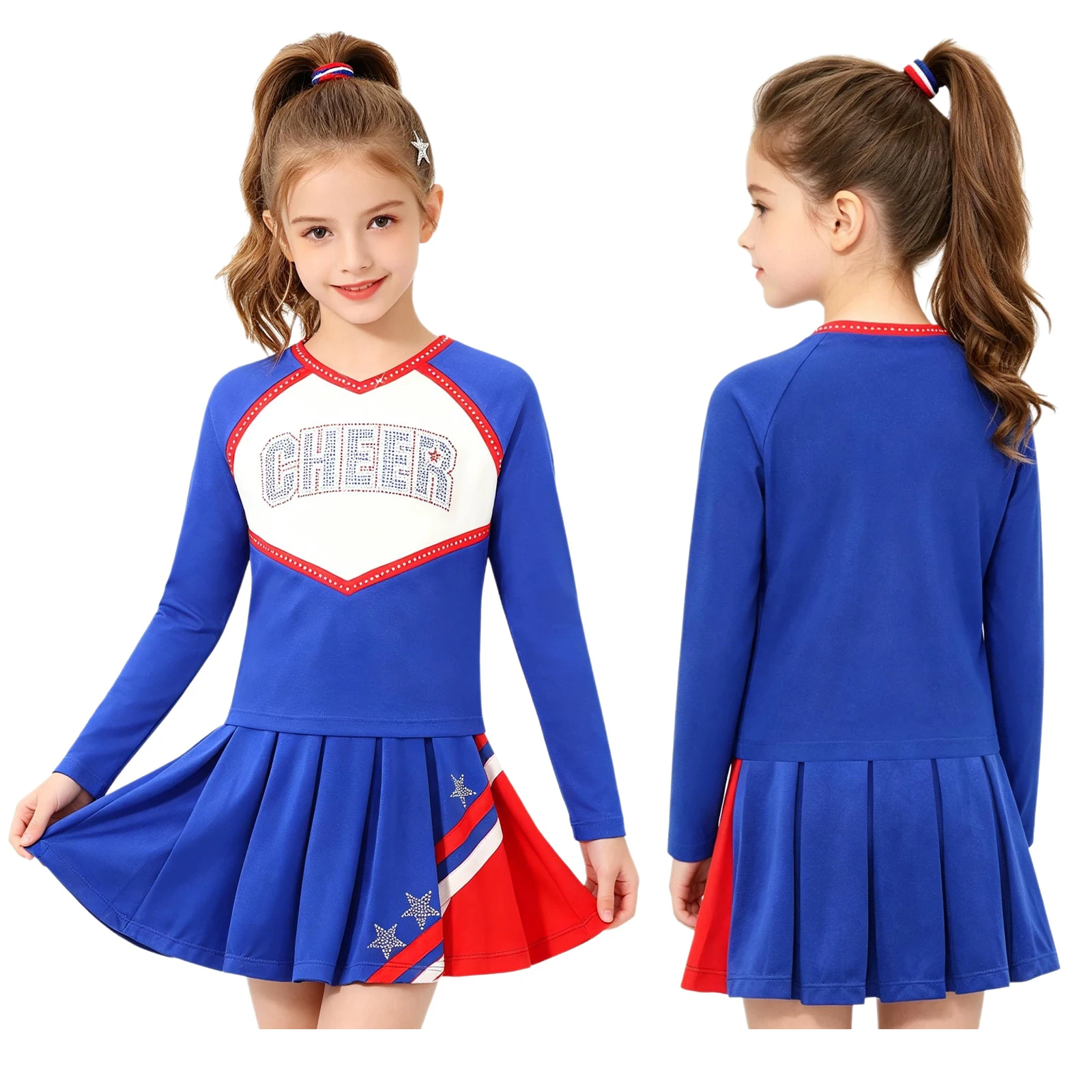 子供用独立記念日ダンス衣装-ラインストーンレタートップと星柄スカート付き-ビルトインショーツ付き-2ピースバレエダンスセット