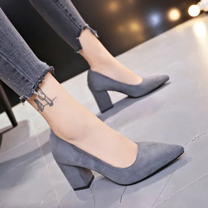 High Heels Women's New Autumn European and American Style Pointed Shallow Mouth Suede Single Shoes Plus Size Women's Shoes