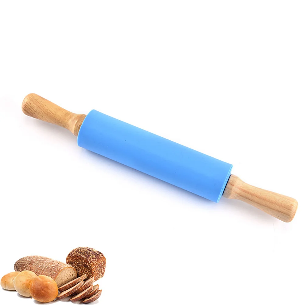 

38Cm Non-Stick Silicone Rolling Pin Wooden Handle Hard-Wearing Dough Roller for Pastry Cookie Fondant Bread Baking