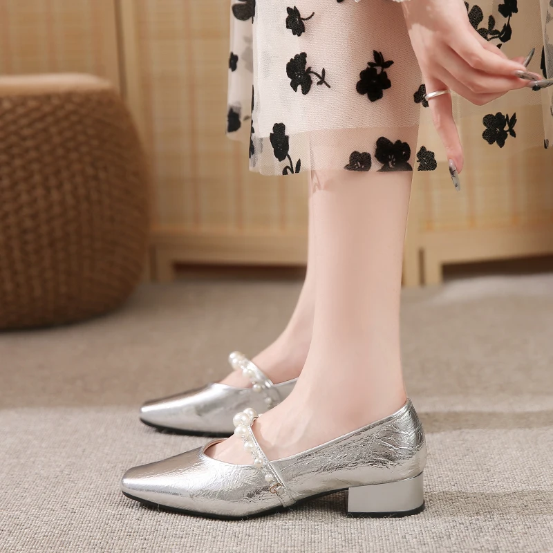 

Women Square Toe Thick Heel Pearl Decoration Fashion Ladies Shoes Shallow Mouth Sexy Elegant Casual Party Comfortable Low Heels