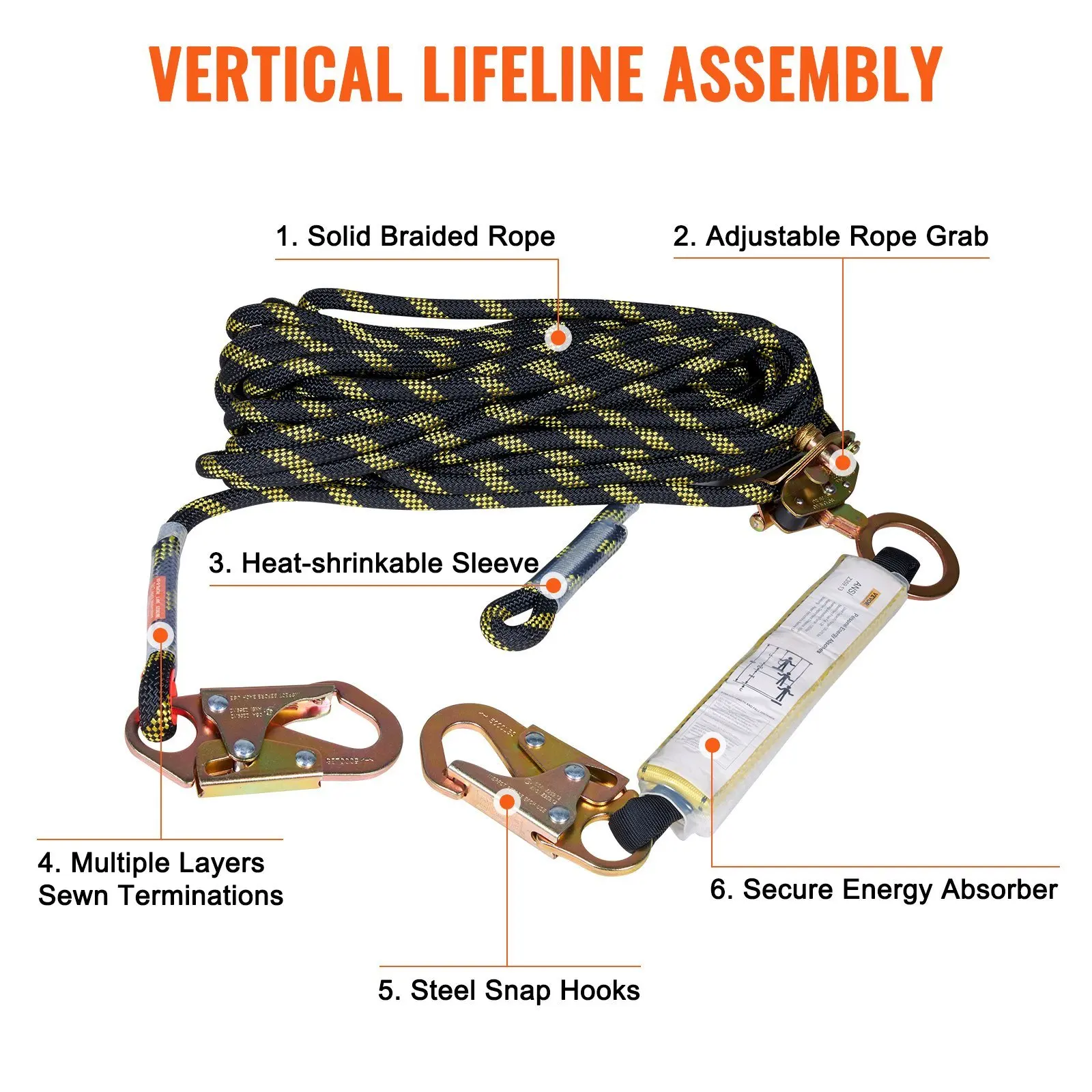 Vertical Lifeline Assembly, 0.55'' x 50' Fall Protection Rope with 30 KN Breaking Tension, Polyester Roofing Rope