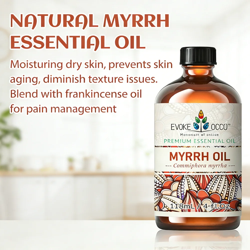 EVOKE OCCU Myrrh Essential Oils, 118ML/4 Fl.Oz. Pure Myrrh Oil for Body Relief Skin Care Humidifier Massage Candle Soap Making