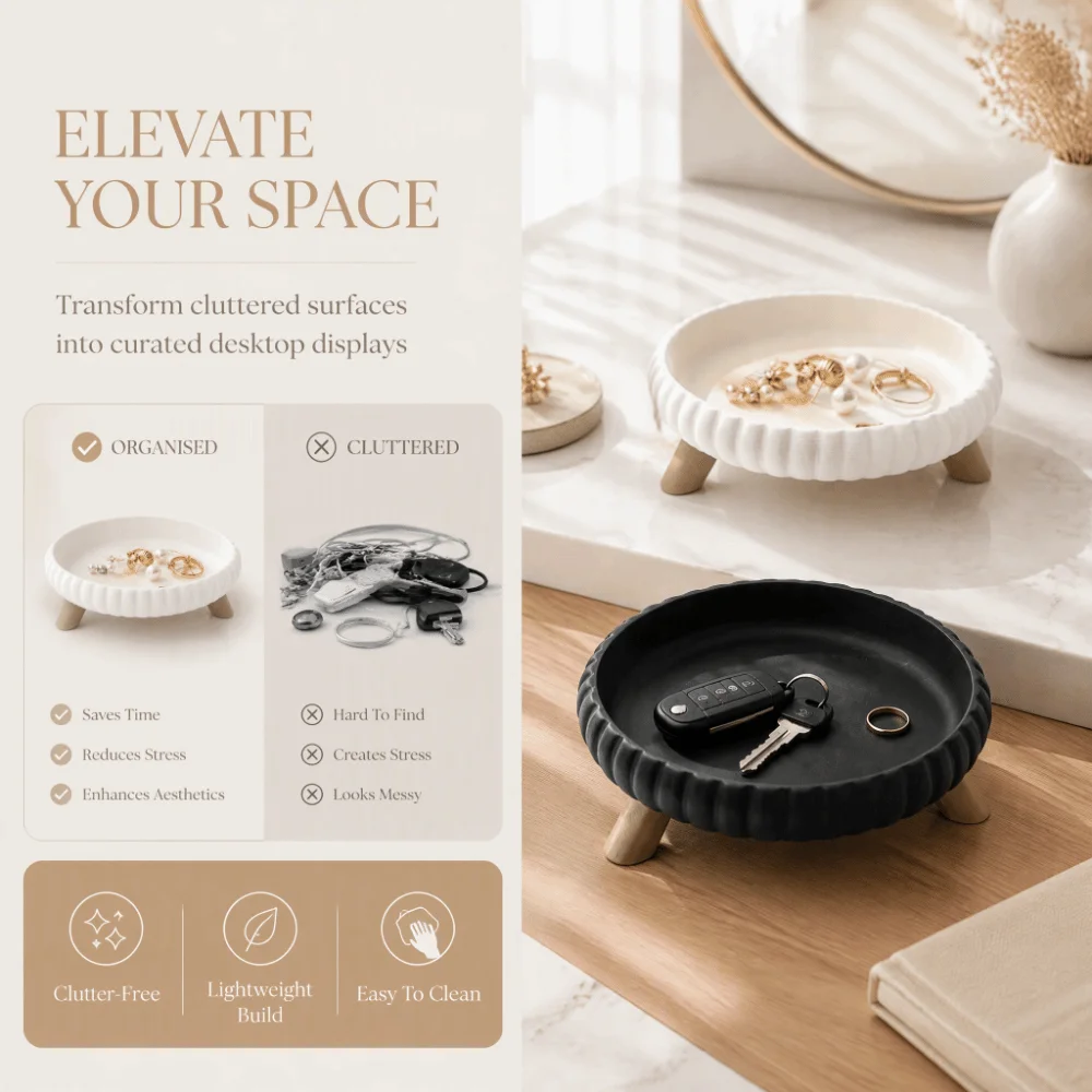 3D-Printed Three-Legged Storage Tray Artistic Round Sundries Storage Dish Rippled Minimalist Style Desk Decorative Plate