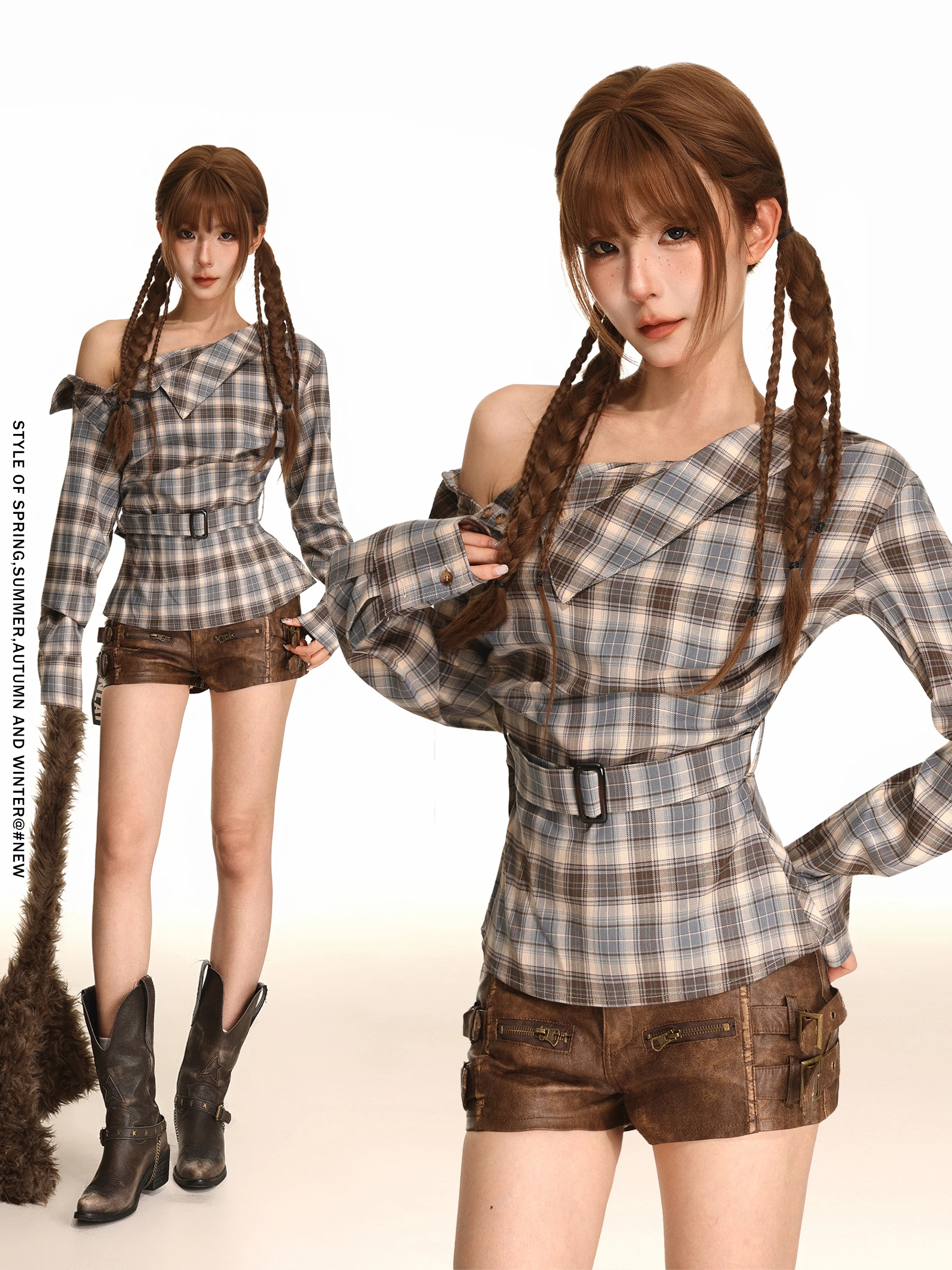 

Женский топ Sle в американскую клетку с застежкой на талии, осенний дизайн, пояс для похудения, угловой топ