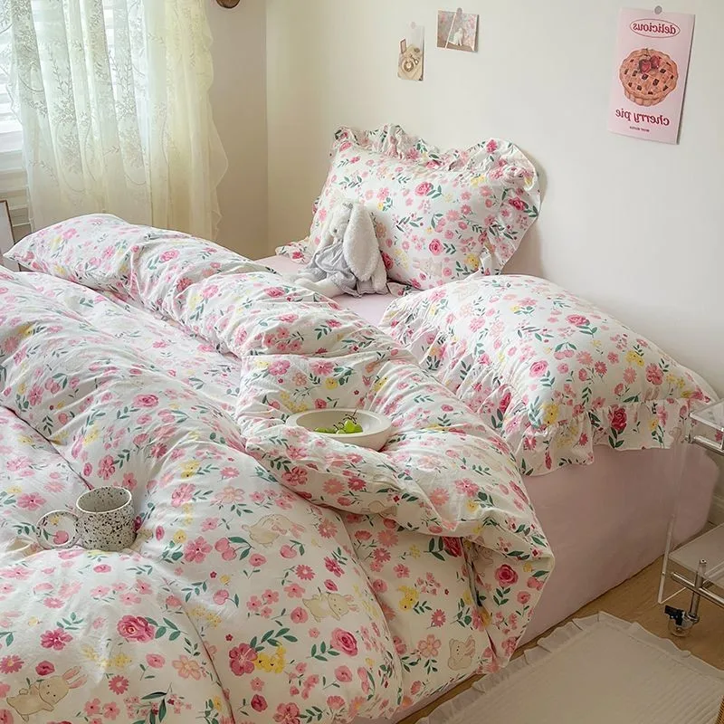 Ins Korean Style Duvet Cover Set with Flat Sheet Pillowcase No filler Washed Cotton Queen Full Twin Cute Floral Bedding Set