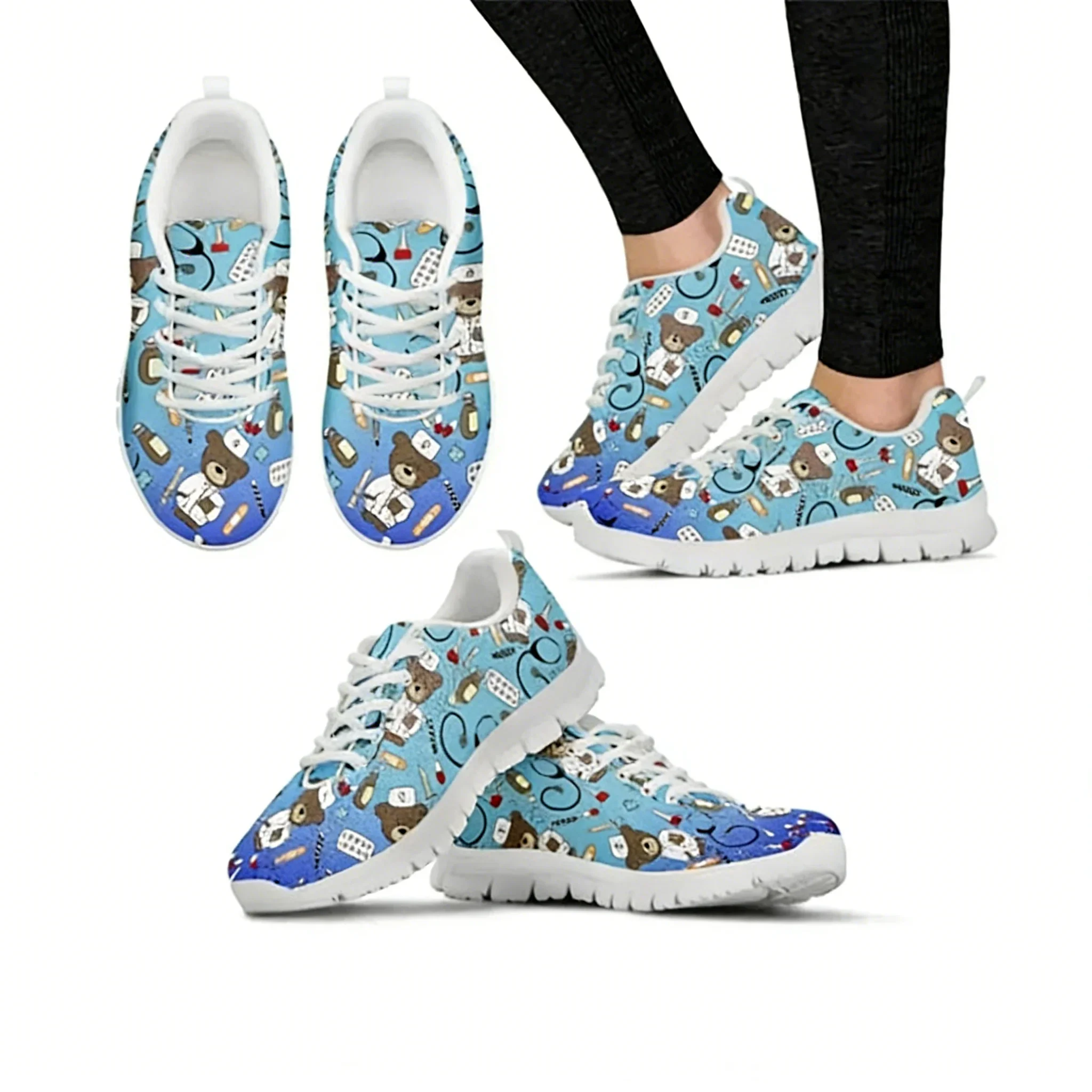 

Women's Sneakers Nurse Shoes Cute Gradient Cartoon Nurses Bear Print Mesh Breath Flats Shoes Lace-up Sapato Feminino