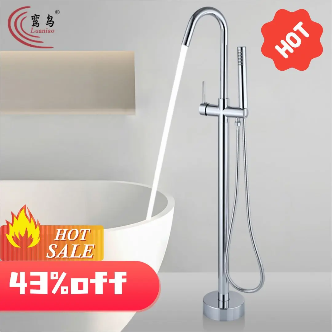 

Freestanding Bathtub Faucet Waterfall Tub Filler Brushed Nickel Floor Mount Brass Single Handle Bathroom Faucet with Hand Shower