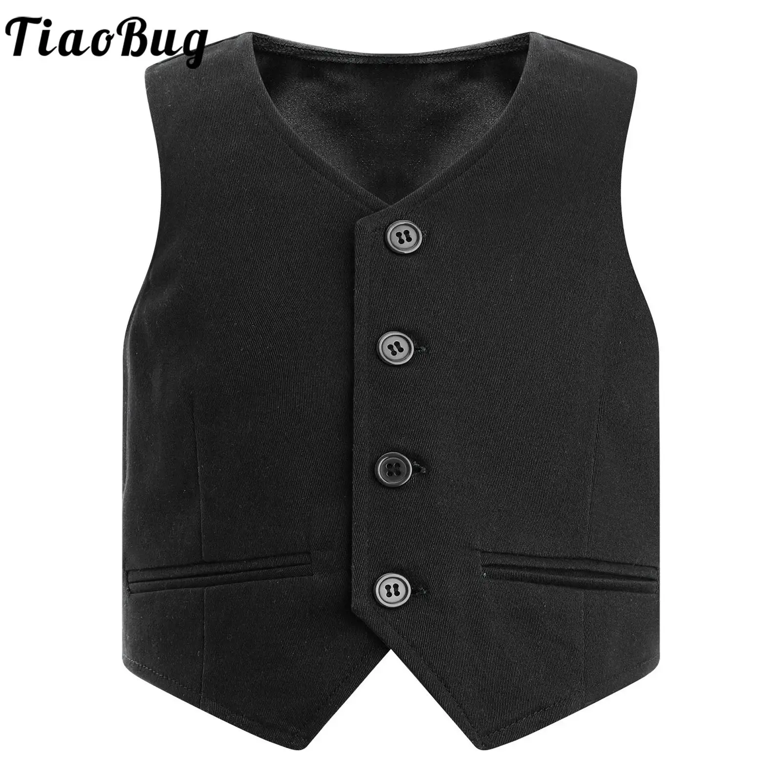 Kids Boys Gentlemen Vest Wedding Pageant Formal Suit Vests V Neck Button Down Pointed Waistcoat Tops for Party Stage Performance