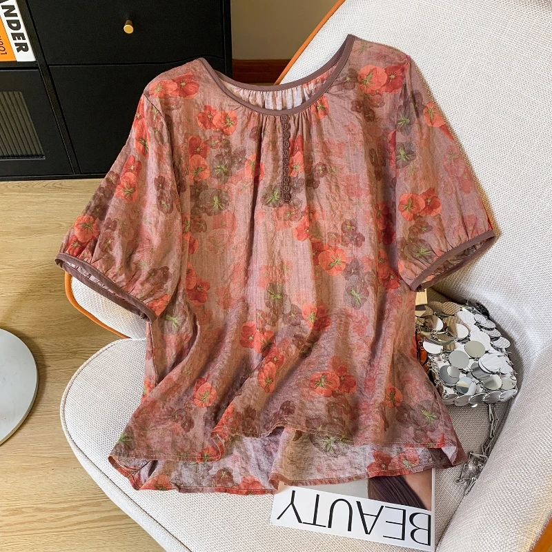 2024 Summer New Personalized Design Thin Pullover Printed Shirt Loose Vintage Cotton and Hemp National Style Fashion Button Top