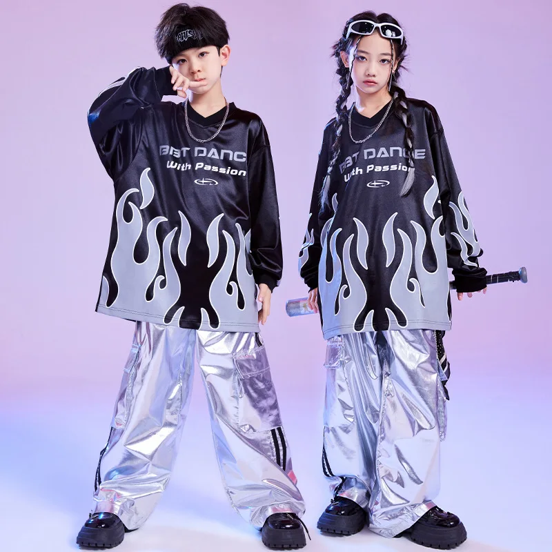 Kid Cool Hip Hop Kleidung Black Flame Sweatshirt Top Silber Lässige Breite Cargohose für Mädchen Jungen Jazz Dance Wear Kostüm Kleidung