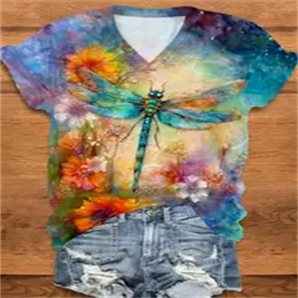 Dragonfly Print V-neck T-shirt For Spring And Summer Casual Short Sleeved Top Suitable For Women's Work Dating Daily Versatil