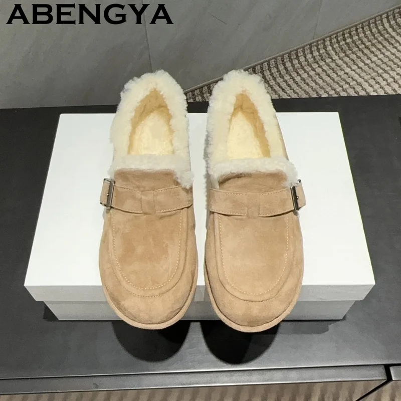 

Women's Thicken Slip On loafers Shoes 2025 Winter Wool Flat Shoes Snow Boots Warm Fur Winter Botas Mujer Nude Short Boot Female