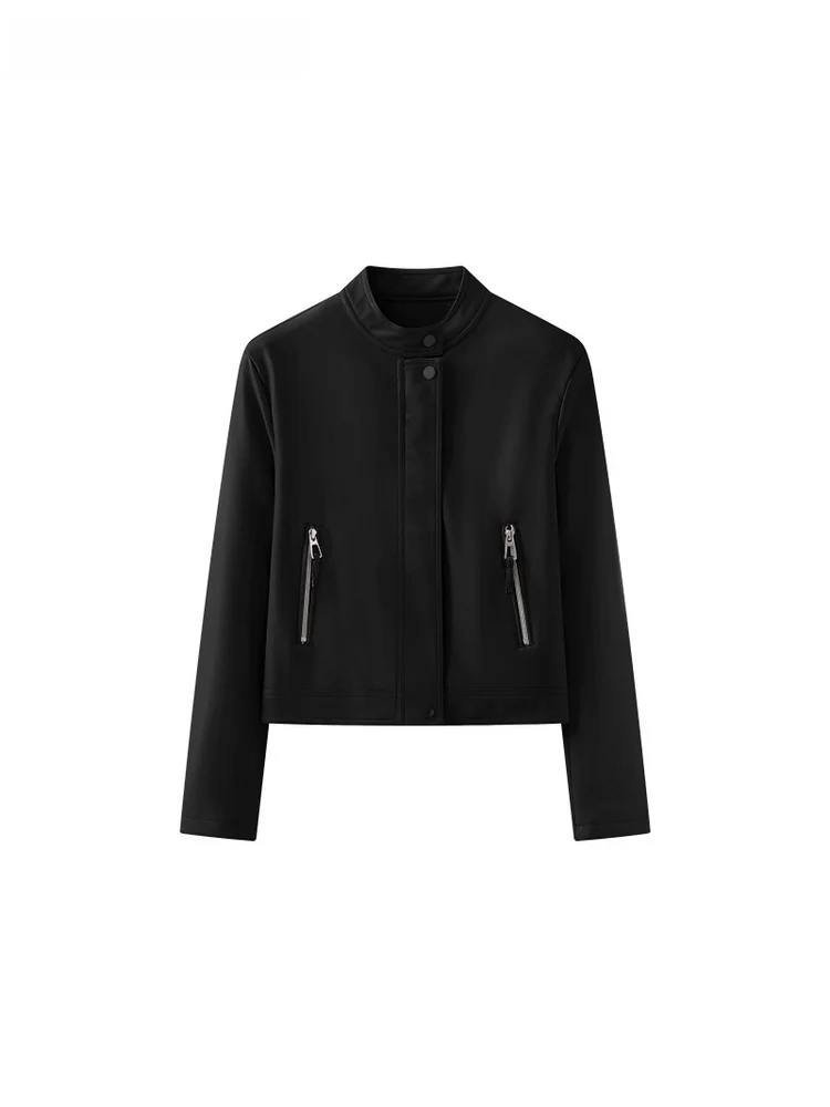 معطف La Chapelle للسيدات بتصميم عتيق لراكبي الدراجات النارية بياقة واقفة من الجلد لون نقي معطف علوي للخريف وصل حديثًا بسحّاب Sve