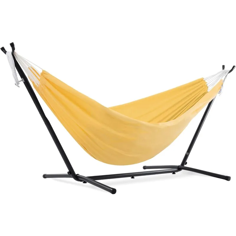 Vivere Double Polyester Hammock with Space Saving Steel Stand, Yellow (450 lb Capacity - Premium Carry Bag Included)