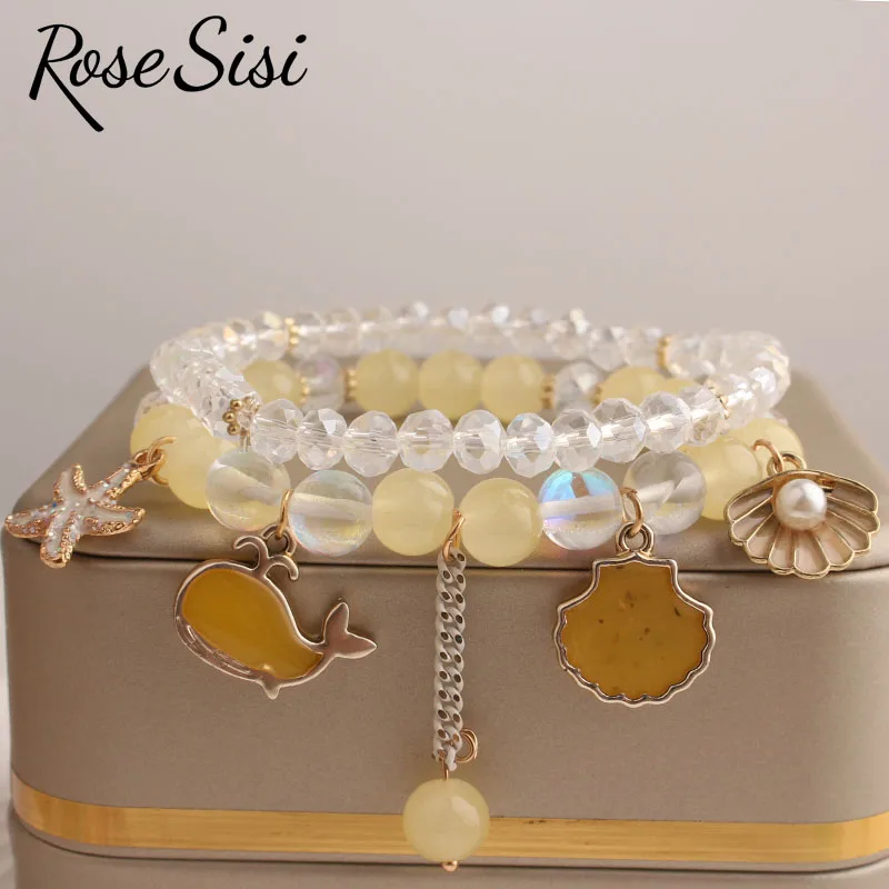 Rose sisi Korean Style summer fresh beach wind bracelet holiday beads bracelet for women elastic hand rope friendship jewelry