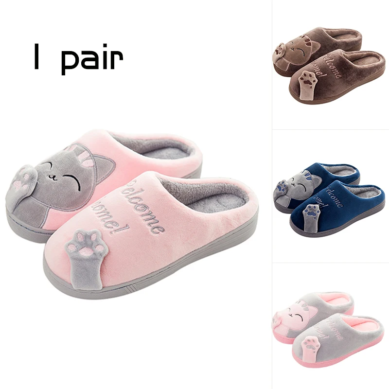 Zapatillas de lana para otoño e invierno, fregona de algodón para el hogar, pantuflas antideslizantes de terciopelo cálido para mujer, zapatos bonitos de dibujos animados para parejas