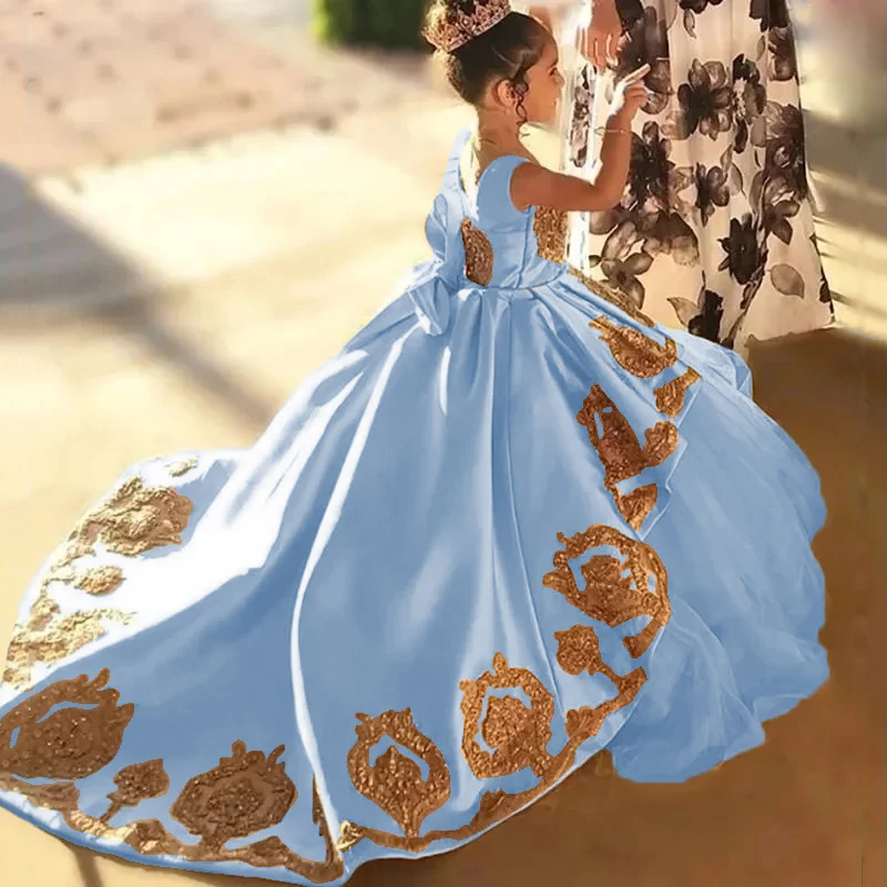 Vestidos de niña de flores para bodas, niños pequeños, Apliques de encaje dorado, vestido de desfile de princesa, vestidos de noche de fiesta de satén con lazo