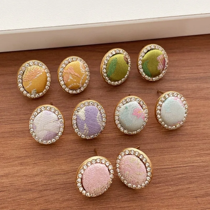 Minar Dainty Multicolor Irregular Printed Song Brocade Rhinestone Oval Dangle Earrings for Women Gold Plated Alloy Daily Jewelry