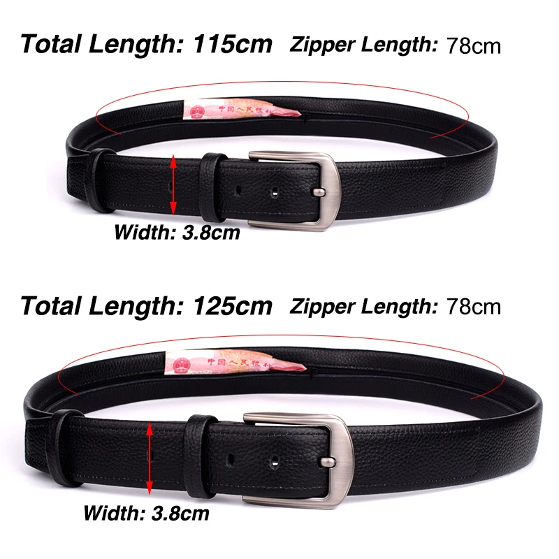 Black Genuine Leather Belt Travel Cash Anti Theft Belt Outdoor Hidden Money Belt Pin Buckle Stealth Zipper Secret Pocket Belt