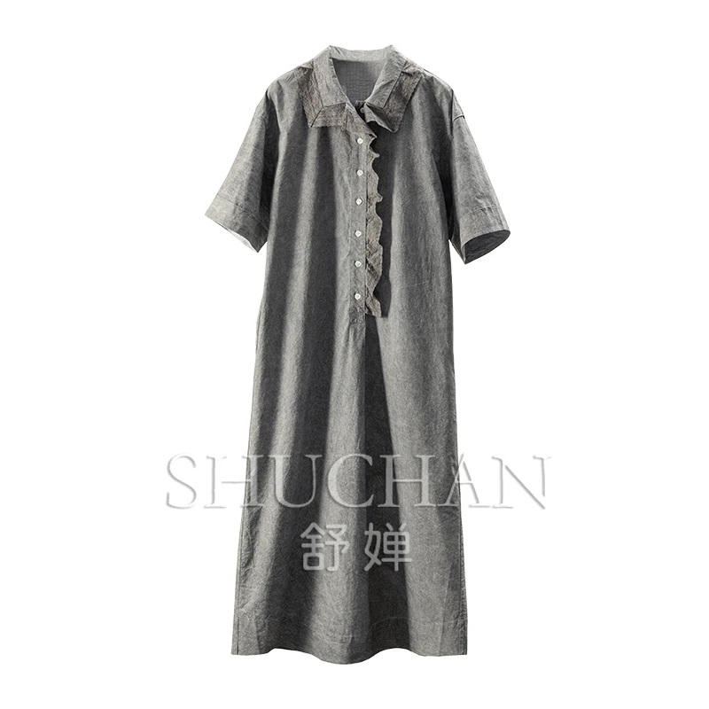 

Elegant Luxury Premium Grey, Washed Tie-Dyed 100 Pure Cotton Medium Sleeve Shirt Dress Women's 02E0