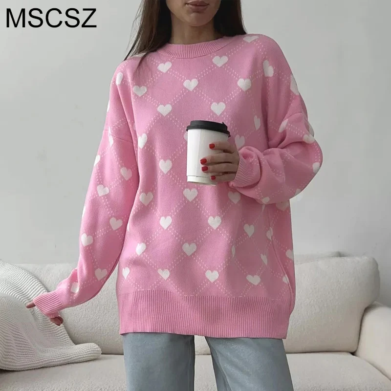 MSCSZ Fashion Heart Printed Pink Sweater Women Long Sleeve Overszied Sweater Fall Winter O-Neck Knitted Pullover Sweaters