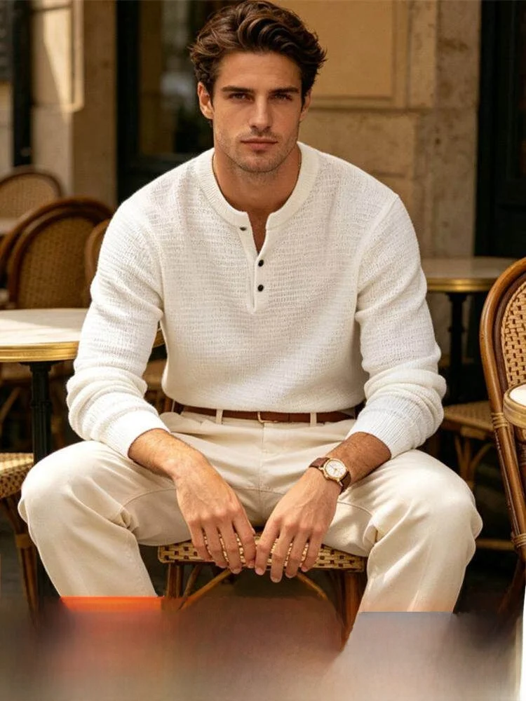 Elegant Italian Style Knitted Sweater Stand Collar 2 Button Design Autumn Winter Men's Fashion Base Shirt Skin Friendly Breat...