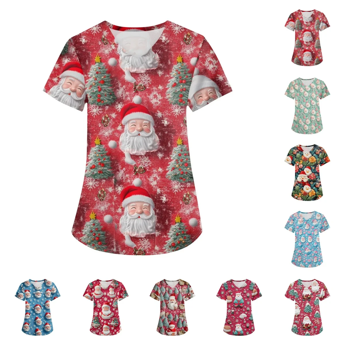 Christmas Scrub Medical Uniform Christmas Holiday Print Casual Comfortable Fabric Short Sleeves V-Neck Pocket Spa Doctor's Clini