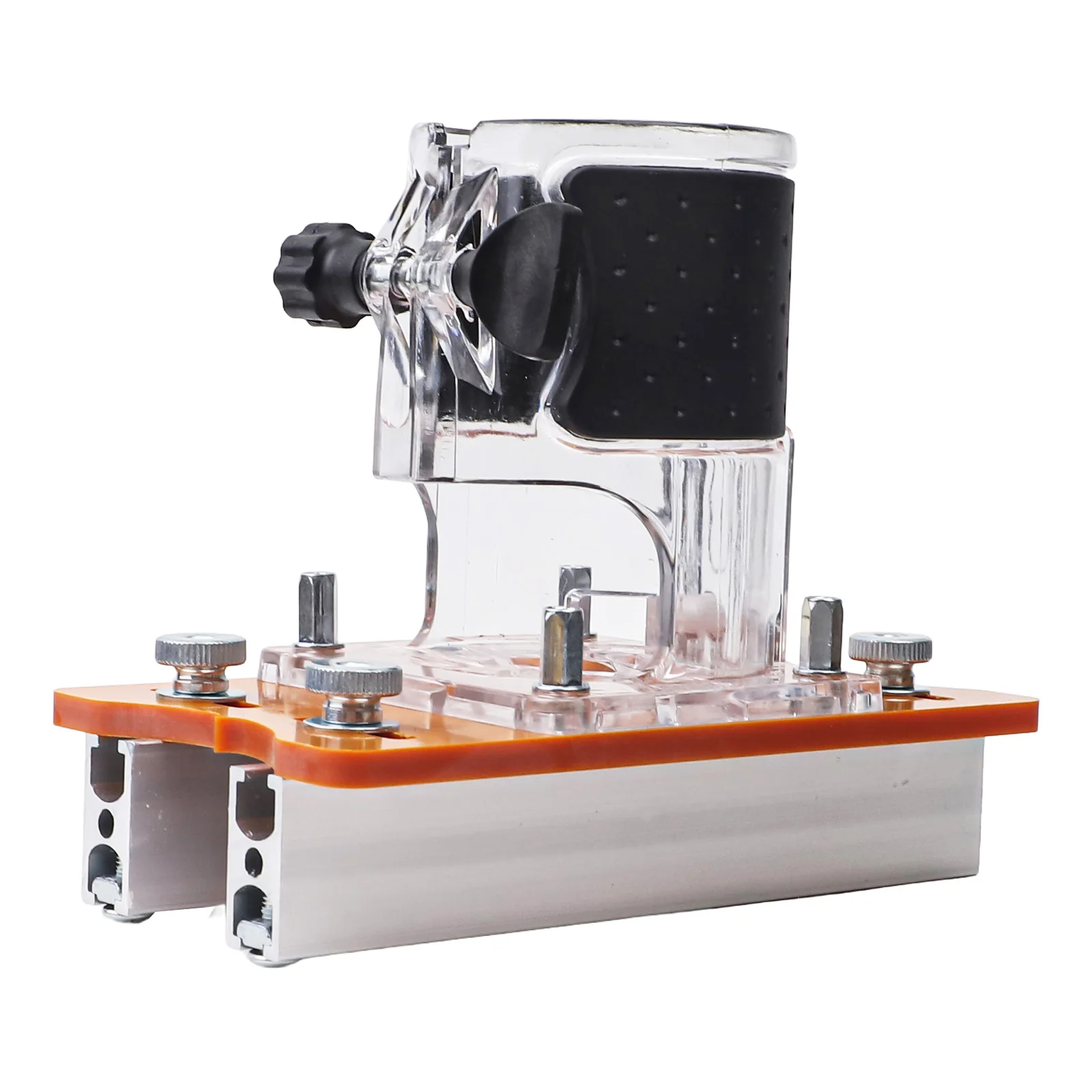 Lightweight Palm Router Base for Woodworking with Construction and Applications Including Grooving and Finishing