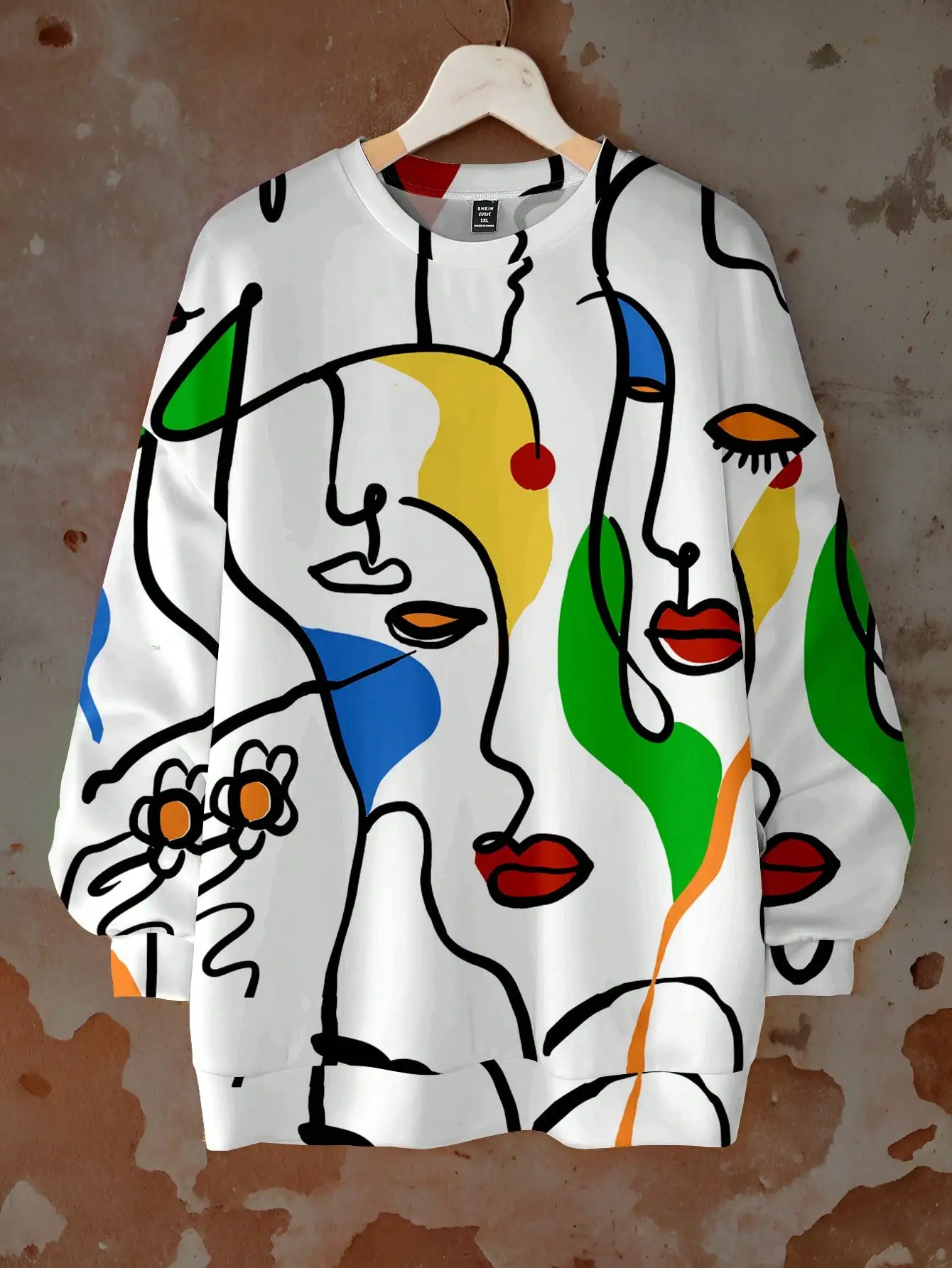 

Свободный крой, свитшот с круглым вырезом и принтом в виде абстрактного лица для женщин, повседневный стиль на осень-зиму