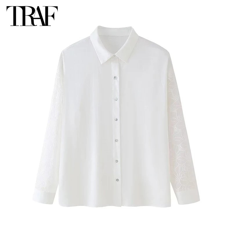 TRAF White Oversized Shirt Women Embroidery Button up Shirts for Women Long Sleeve Shirts and Blouses Woman Summer Beach Blouse