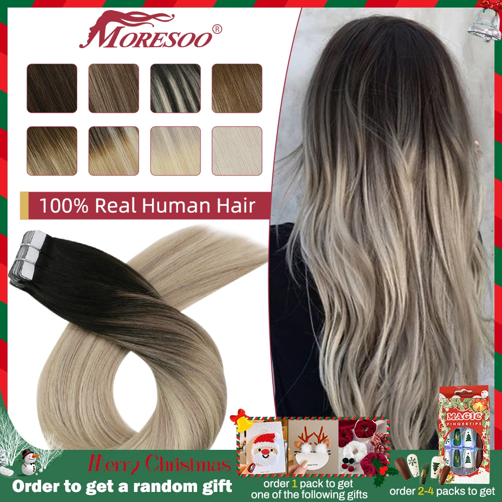 Moresoo Tape in Human Hair Extensions 100% Real Hair Remy Brazilian Hair 14-24inch Straight Natural Adhesives Tape in Extensions