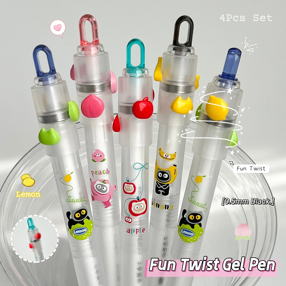 4Pcs Fruit Cat Twist Pen 0.5mm Black Quick-Dry Gel Pen Creative Cute Style Writing Pen For Study and Office Use